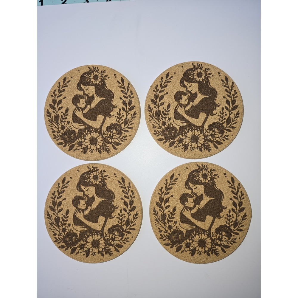4 Pack Mothers Day Coasters Gift For Mom Engraved Cork Coasters Handmade Brown